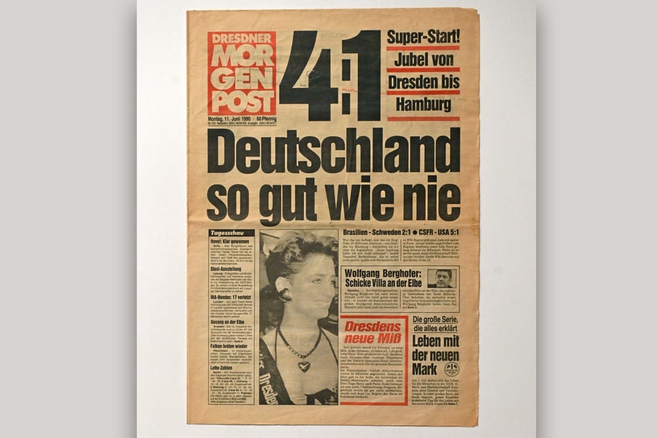 Die erste "Dresdner Morgenpost" vom 11. Juni 1990 titelte mit dem 4:1 Sieg Deutschlands bei der Fußball-WM gegen Jugoslawien.