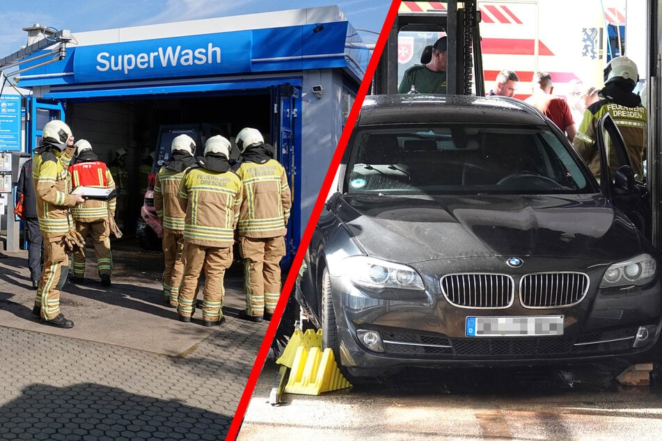 Mann in Waschanlage eingeklemmt: Feuerwehr bekommt Hilfe von Staplerfahrer