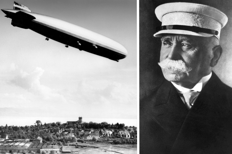 Ferdinand Graf von Zeppelin nebst seinem Luftschiff LZ 127 "Graf Zeppelin", hier beim Flug über Friedrichshafen am Bodensee. (Archiv)