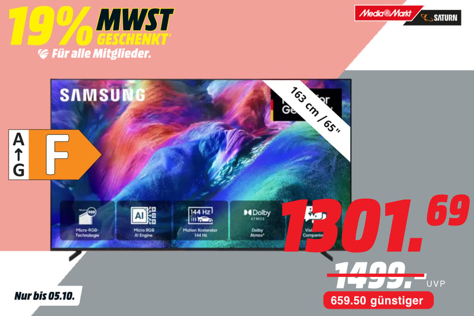 65-Zoll Samsung-Fernseher GMR65R85H für 1.301,69 statt 1.499 Euro.