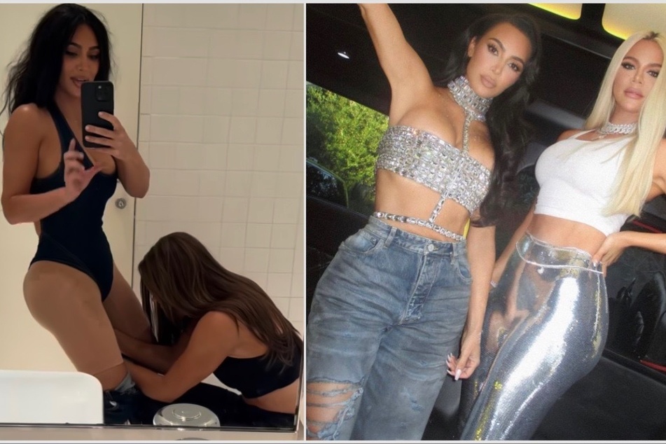 Kim Kardashian shared a look at her hysterical moment with Khloé (r.) in a bathroom stall while in India.