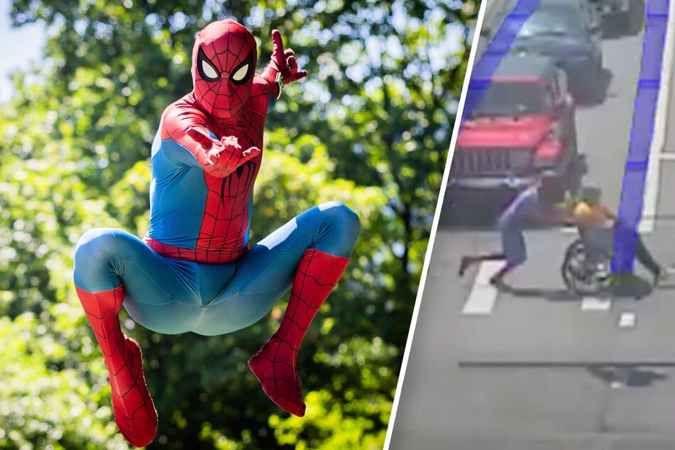 Keine Superkräfte nötig: Spider-Man hilft Rollstuhlfahrer über stark befahrene Kreuzung