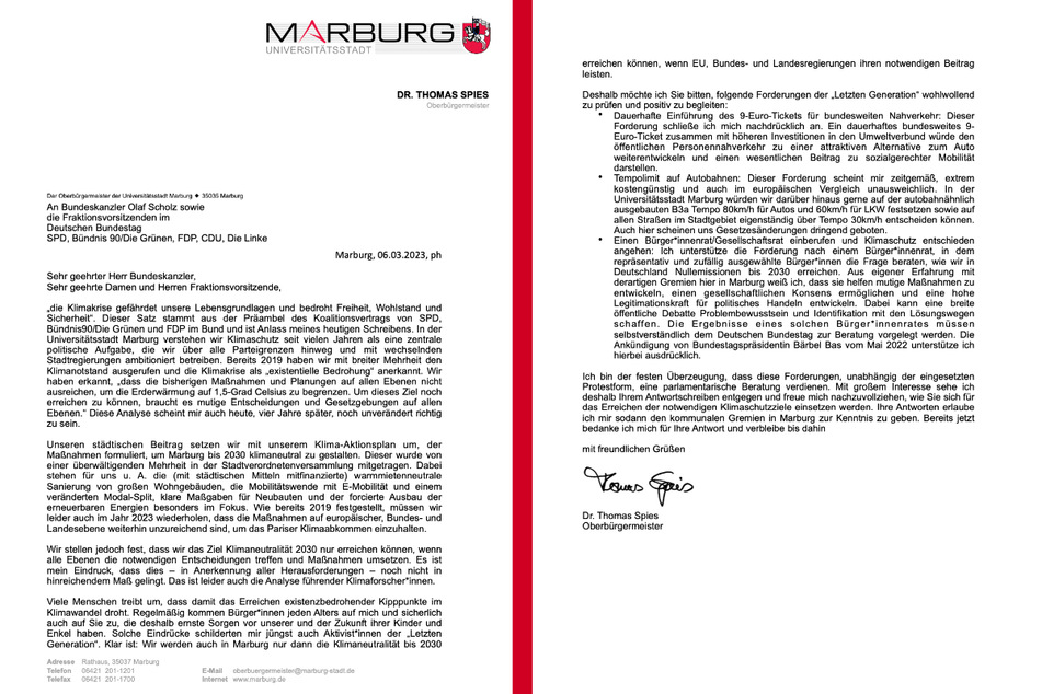 Die Montage zeigt den vollständigen Brief des Marburger Oberbürgermeisters Thomas Spies (60, SPD) an Bundeskanzler Olaf Scholz (64, SPD) und die Fraktionsvorsitzenden im Deutschen Bundestag.