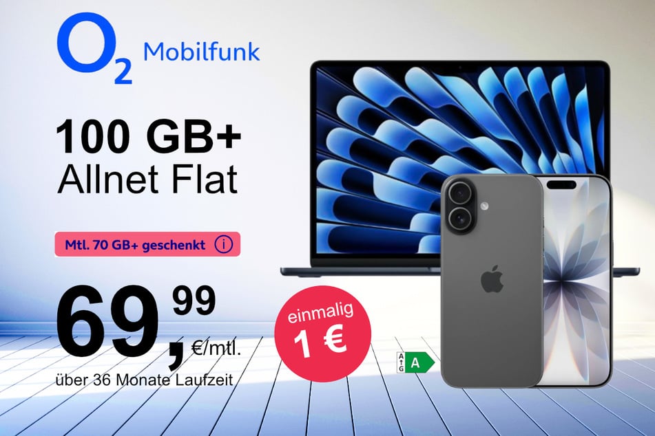 Bei o2 gibt's das iPhone 17 mit MacBook Air 13 (M4) im Bundle exklusiv für nur 1 Euro.