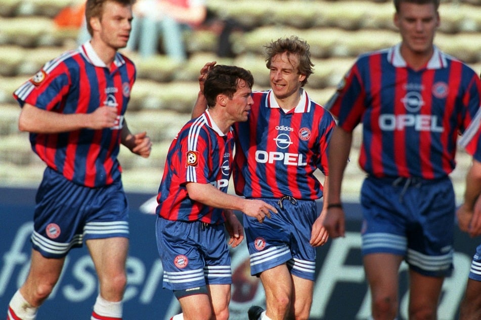 Thomas Helmer (v.l.n.r), Lothar Matthäus, Jürgen Klinsmann und Alexander Zickler liefen 1997 für den FC Bayern auf.