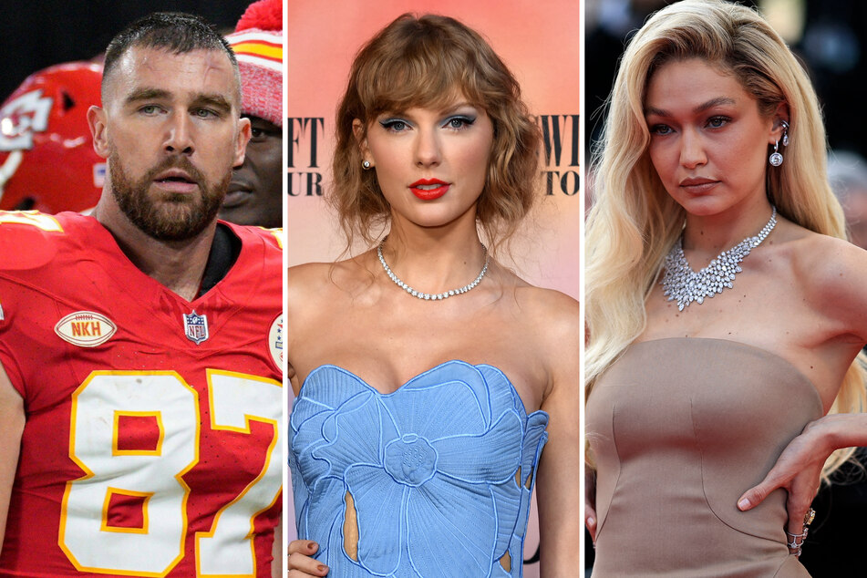 Gigi Hadid (r) is reportedly worried about Taylor Swift going too fast in her whirlwind romance with NFL star Travis Kelce.
