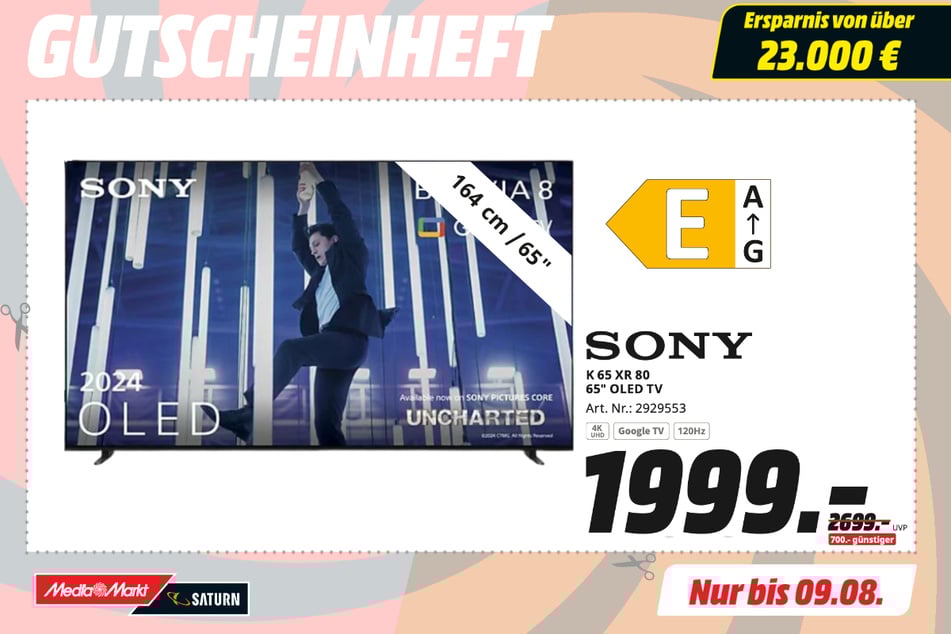 65-Zoll Sony-Fernseher Bravia 8 K65XR80 für 1.999 statt 2.699 Euro.¹⁵