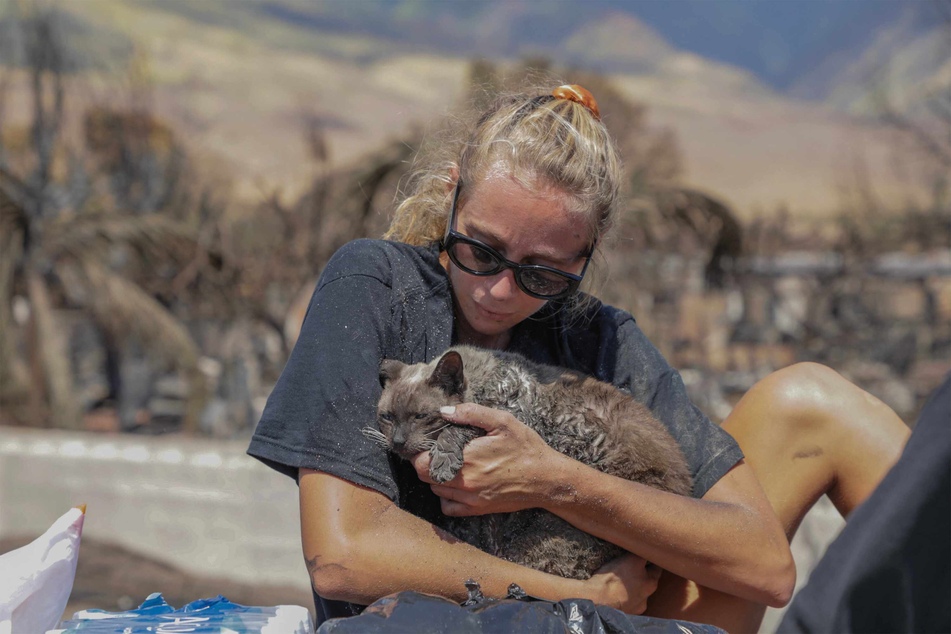 A woman cradles her cat after finding him in the aftermath of a wildfire in Lahaina, western Maui, Hawaii.