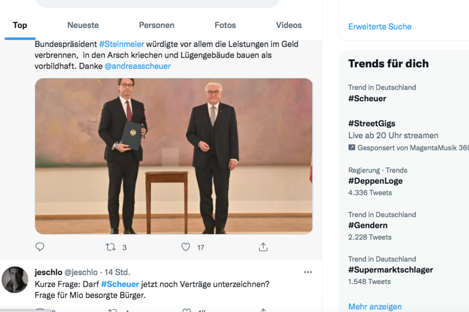 "Scheuer" ist auf Platz 1 - "sein" Hashtag trendet seit seiner Entlassung am Dienstagnachmittag - Ende nicht in Sicht.