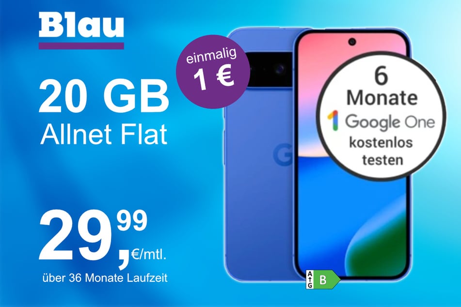 Das Google Pixel 10 im Blau Allnet M für einmalig 1 Euro.