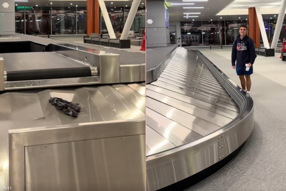 Student Hugh (20) staunte nicht schlecht, als das Gepäckband seinen Kofferinhalt einzeln ausspuckte.