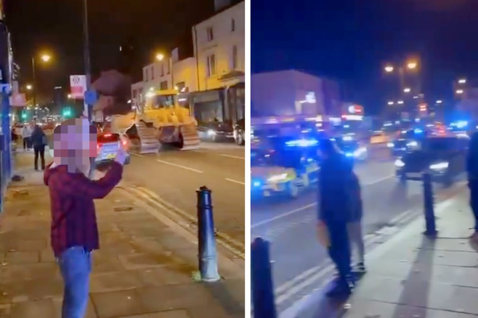 Eine Planierraupe, die durch die Stadt fährt - mit allerlei Polizeiwagen im Gepäck.