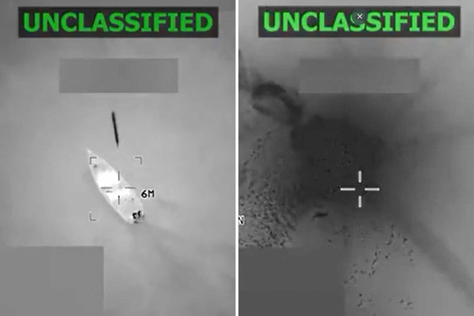 This screen grab from a video posted by US Defense Secretary Pete Hegseth on his X account on Friday shows what Hegseth says is US military forces conducting a strike on a vessel being operated by Tren de Aragua, trafficking narcotics in the Caribbean Sea on Thursday.