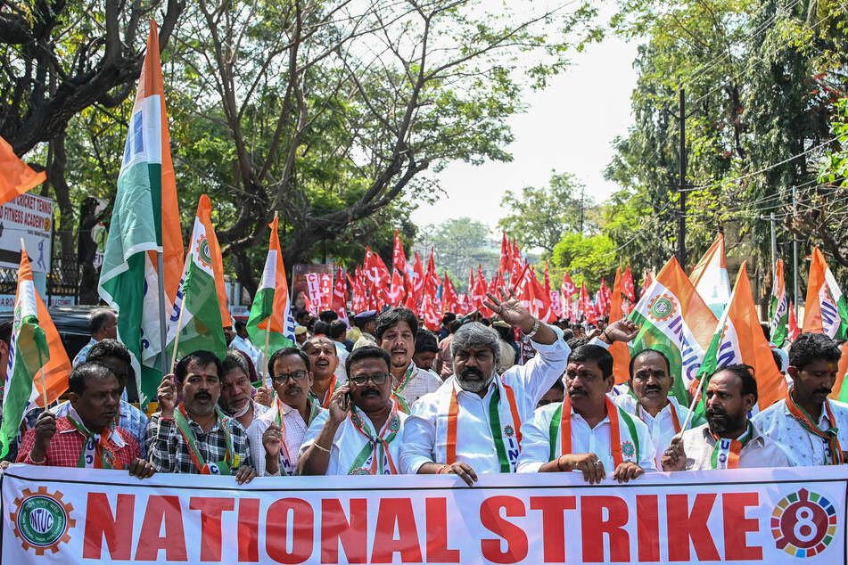 Members of trade unions and leftist political parties take part in a rally amid a nationwide strike in Hyderabad, India, on February 12, 2026.