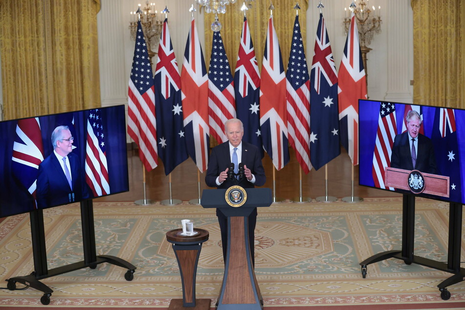 President Joe Biden (c.), Prime Minister Scott Morrison of Australia (l.), and Boris Johnson of the United Kingdom (r.) delivered remarks on Thursday about a new national security initiative, the creation of an enhanced trilateral security partnership called "AUKUS."
