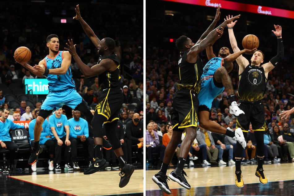 Left: Phoenix Suns guard Devin Booker passes the ball as he flies out of bounds against Golden State Warriors forward Draymond Green. Right: Suns guard Cameron Payne drives to the basket against Warriors forward JaMychal Green and guard Donte DiVincenzo.
