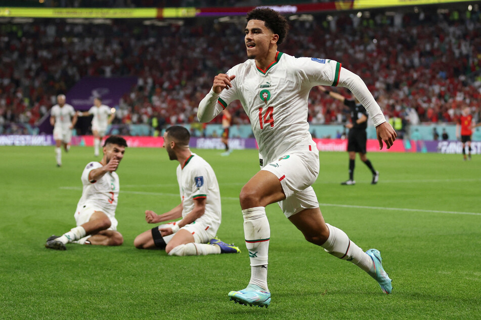 Morocco's Zakaria Aboukhlal celebrates scoring their second goal against Belgium during the 2022 World Cup.