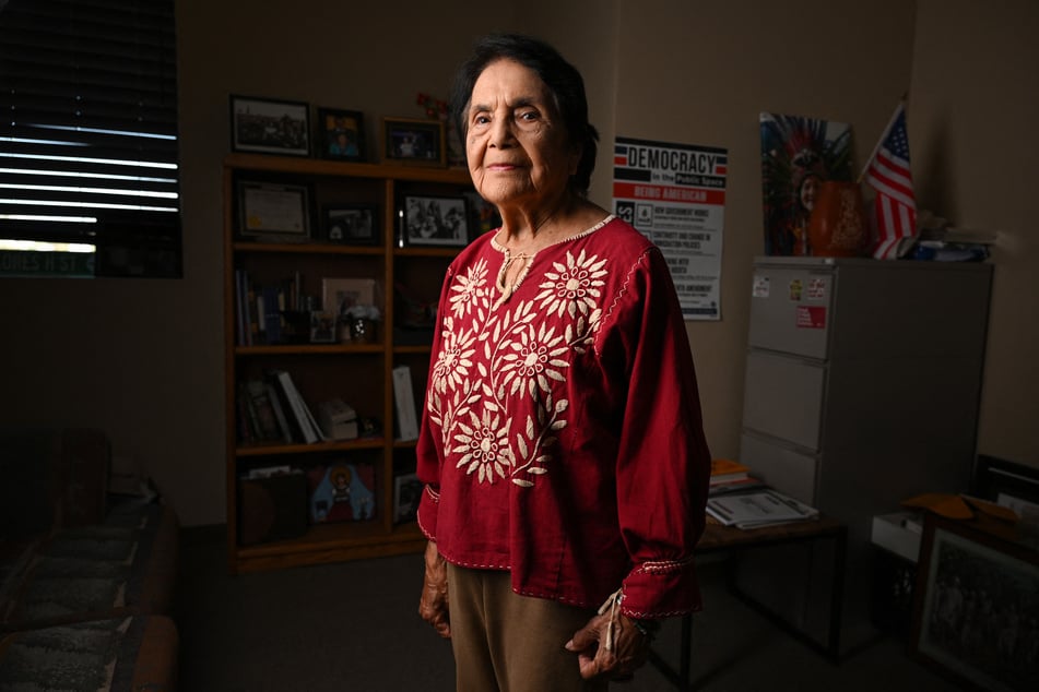 Dolores Huerta, co-founder of the United Farm Workers of America labor union, poses for a portrait in her office in Bakersfield, California.