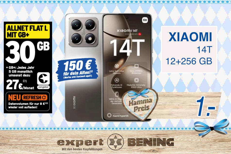 Xiaomi 14T im Congstar Allnet Flat L Tarif für 1 Euroᶜ¹ mit Zugabe Xiaomi Redmi Tab Pro im Wert von UVP* 299,90 Euro + 150 Euro bei Inzahlungnahme des alten Handys erhalten.