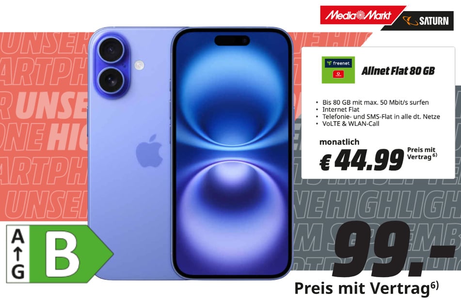 Apple iPhone 16 5G für 99 Euro im Vertrag.