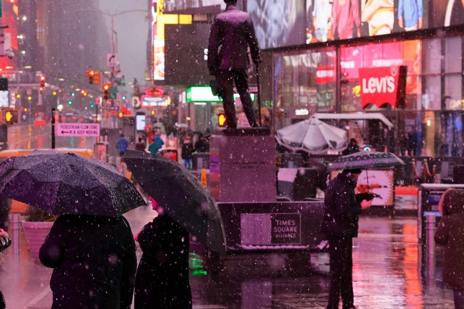 Times Square was pelted amid a winter storm on Tuesday in New York City, in the biggest winter storm in two years to hit the Northeast.