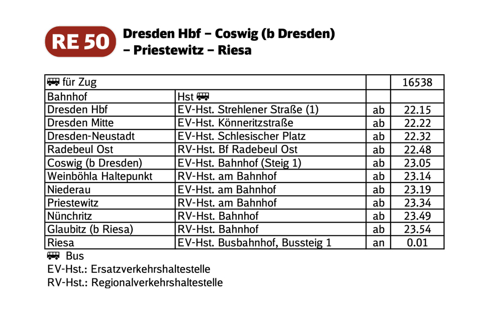 Zwischen Dresden und Riesa soll im Rahmen des RE 50 ein Bus als Abendfahrt verkehren.