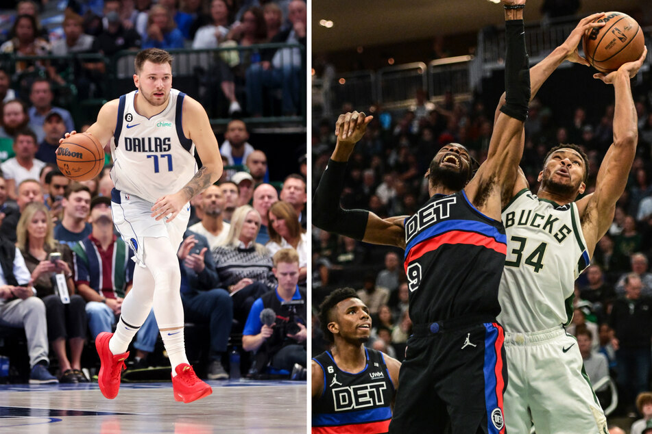 Left: Dallas Mavericks guard Luka Doncic controls the ball during the game against the Utah Jazz at American Airlines Center. Right: Milwaukee Bucks forward Giannis Antetokounmpo and Detroit Pistons guard Nerlens Noel reach for a rebound in the second quarter at Fiserv Forum.