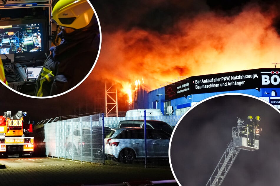 Leipzig: Großbrand: Autohaus-Werkstatt in Leipzig durch Flammen zerstört