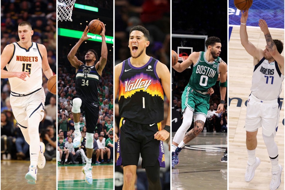 2021-2022 Kia All-NBA First team recipients (from l. to r.) include Nikola Jokić, Giannis Antetokounmpo, Devin Booker, Jayson Tatum, and Luka Dončić.