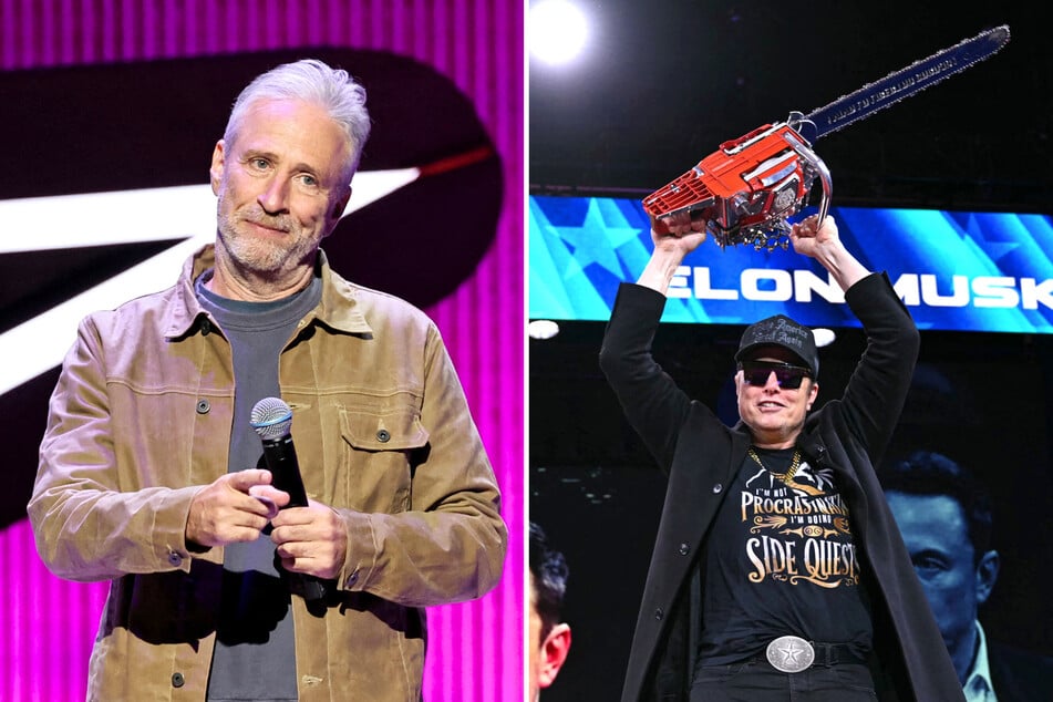 Elon Musk (r.) recently got into a feud on social media with Jon Stewart after the comedian criticized him for pushing misinformation with his X algorithm.