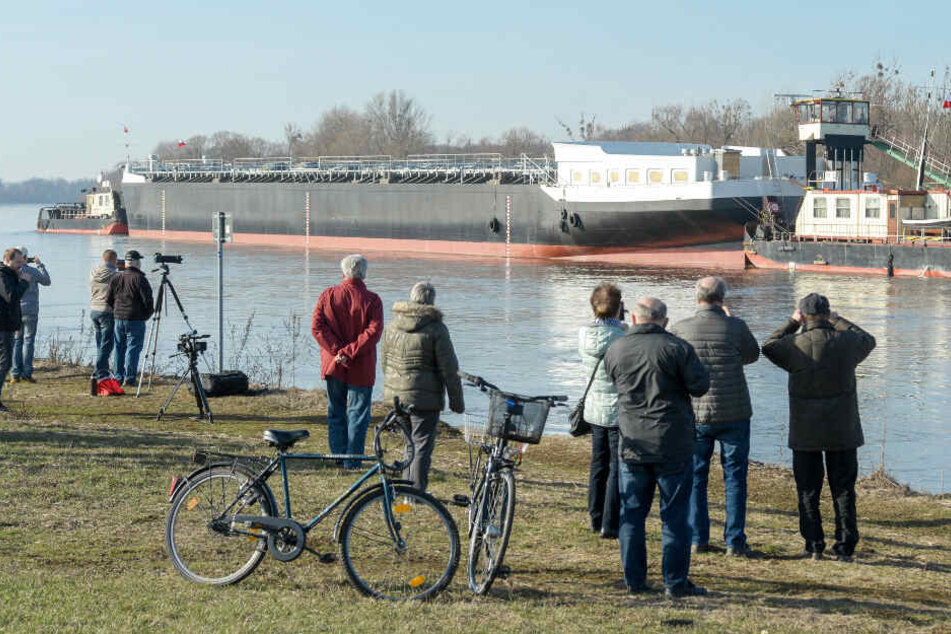 Schaulustige verfolgen die Fahrt der "Spera" über die Elbe von Tschechien nach Hamburg.