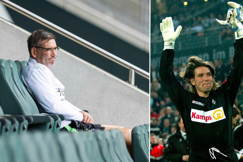 Foto links: Torwarttrainer Uwe Kamps (57) verfolgte den Trainingsstart am 3. Juli von der Tribüne aus. Foto rechts: Im März 2005 bekam der ehemalige Gladbach-Keeper sein Abschiedsspiel im Borussia-Park.