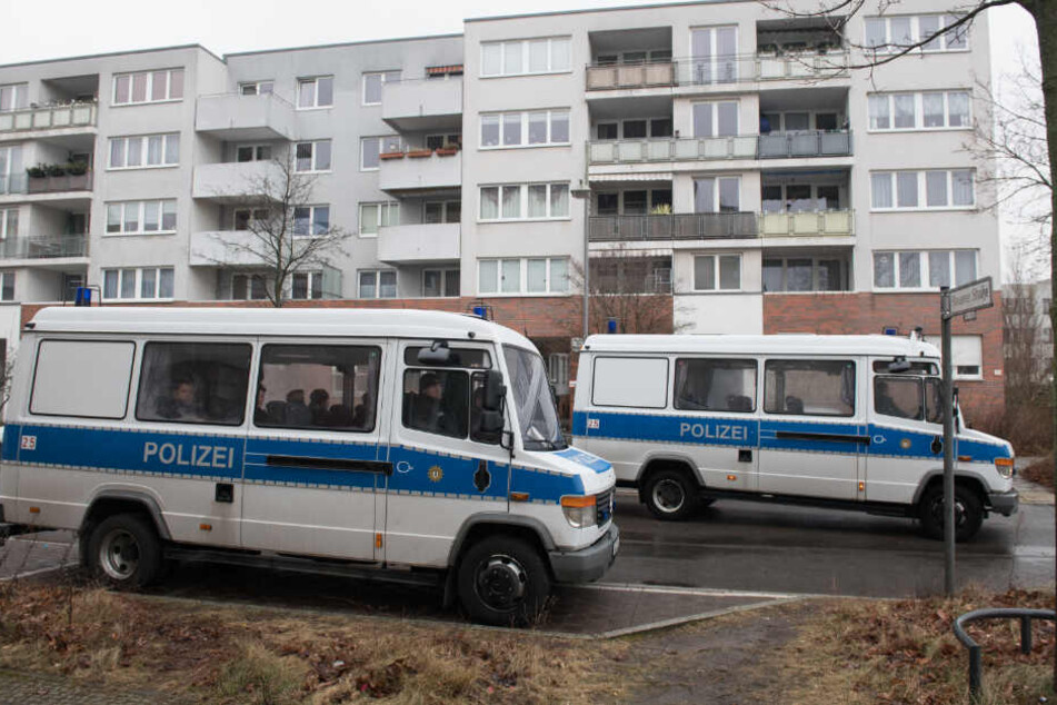 Polizeifahrzeuge stehen vor einem Gebäudekomplex in der die 14-jährige Keira mit mehreren Messerstichen getötet wurde.