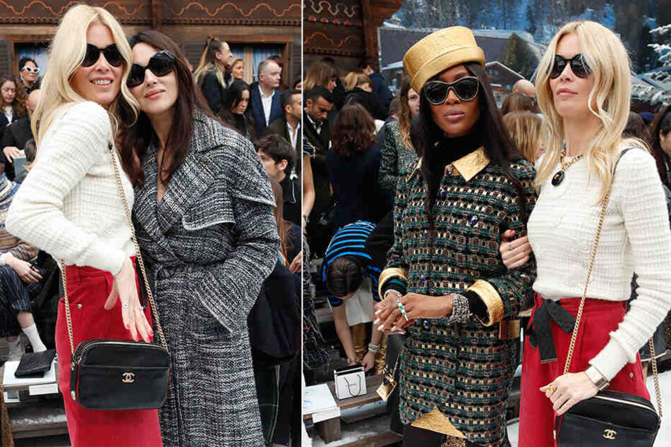 Gäste bei der Paris Fashion Week: Claudia Schiffer (li), Model aus Deutschland, und Monica Bellucci, Schauspielerin aus Italien. Rechts ist Schiffer mit dem britischen Supermodel Naomi Campbell zu sehen.