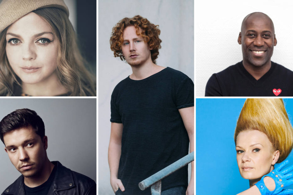 Die deutsche ESC-Jury 2019: Annett Louisan (oben links), Michael Schulte (Mitte), Joe Chialo (oben rrechts), Nico Santos (unten links) und Nicola Rost (unten rechts). Die Gruppe bewertet die 18 Beiträge des 2. ESC-Halbfinales sowie die des Finales in Tel