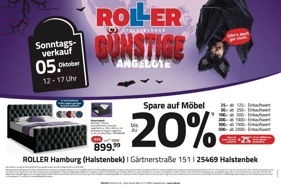 Zum verkaufsoffenen Sonntag (5.10.) bei ROLLER in Halstenbek gibt's Boxspringbetten 54 Prozent günstiger.