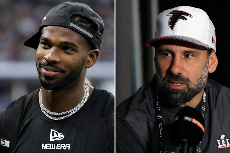 The NFL has fined the Atlanta Falcons and defensive coordinator Jeff Ulbrich (r.)over a phone number leak that led to a prank call to Shedeur Sanders.