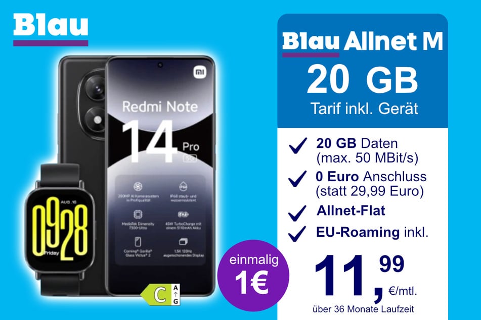 Das Xiaomi Redmi Note 14 Pro + Watch 5 Active im Blau Allnet M für einmalig 1 Euro.