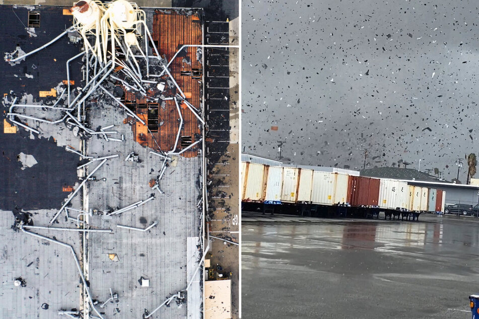 Footage shows a tornado damaging buildings in an industrial park in Montebello, California.