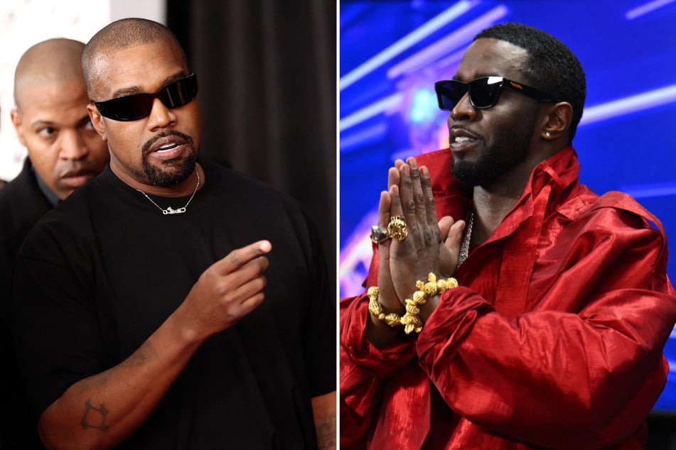 Kanye "Ye" West (l.) showed to support Sean "Diddy" Combs, who is facing accusations of sex trafficking and racketeering.