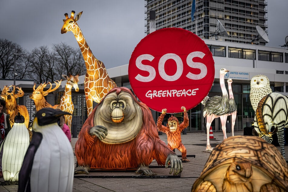 Giraffen und Nashörner: Greenpeace demonstriert mit lebensgroßen Leuchttieren