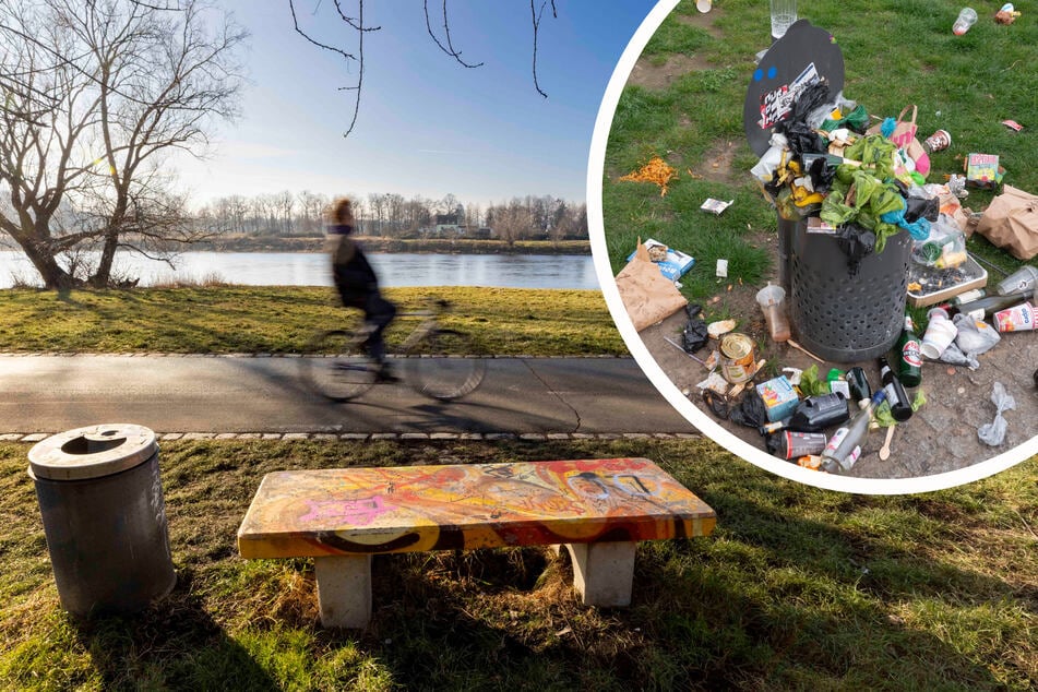 Dresden: Übervolle Mülleimer: Abfall-Ärger am Elberadweg