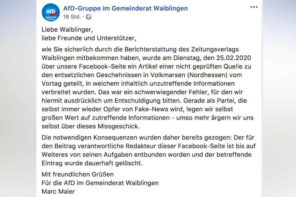Der Screenshot zeigt eine Stellungnahme der AfD-Gruppe im Gemeinderat Waiblingen zu einer gelöschten Fake News.