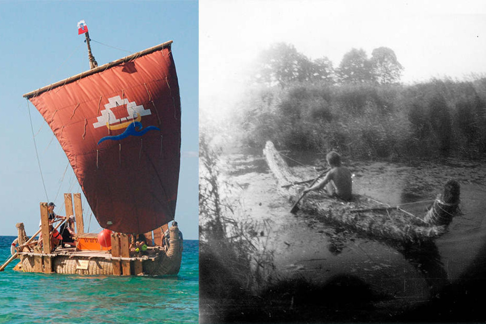 links: Das Floß "Dilmun S" während eines Segelversuchs. rechts: Dominique Görlitz übt als Jugendlicher mit seinem Steinzeit-Schilfboot Abora.