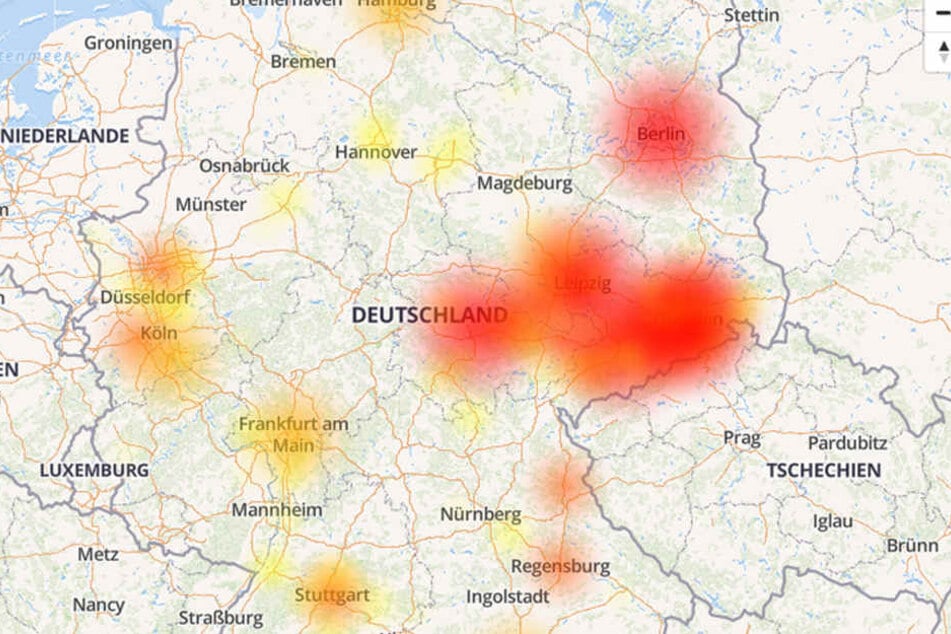Die Störungskarte zeigt deutliche Ausfälle im Osten Deutschlands.