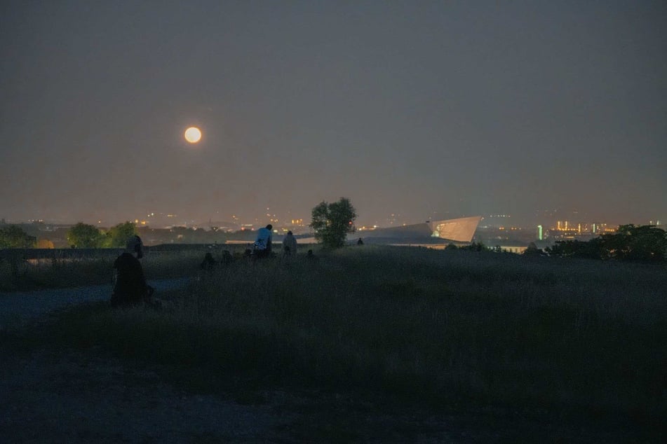 Der "Erdbeermond" von der Landschaft des Dresdner Hellers aus.