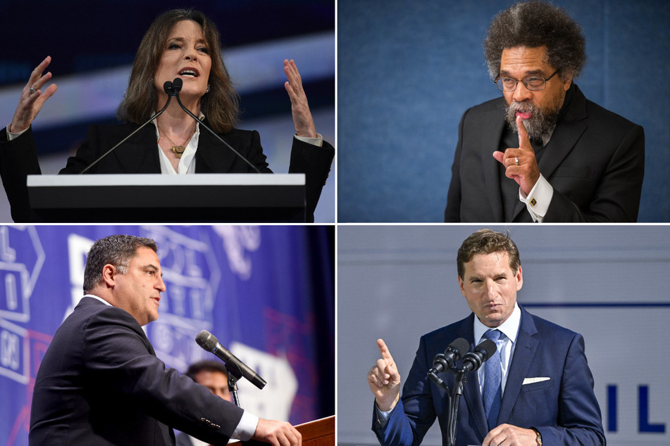 Clockwise from top left: 2024 contenders Marianne Williamson, Cornel West, Dean Phillips, and Cenk Uygur have all issued statements on social media after the release of the New York Times/Siena College poll.