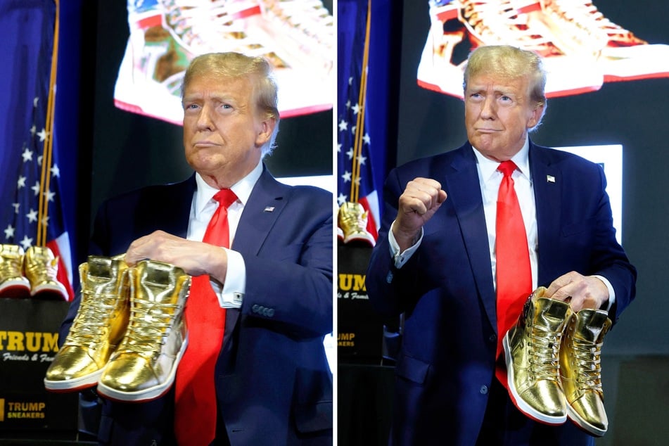 Donald Trump holds a pair of his line of signature shoes after taking the stage at Sneaker Con at the Philadelphia Convention Center on February 17, 2024.