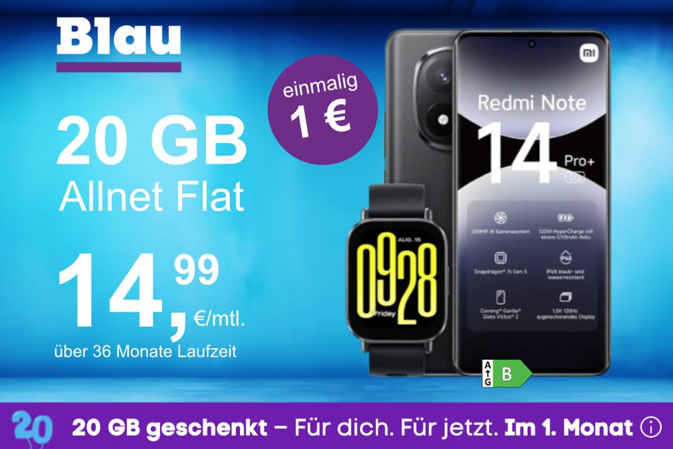 Das Xiaomi Redmi Note 14 Pro Plus + Watch 5 Active im Blau Allnet M für einmalig 1 Euro.