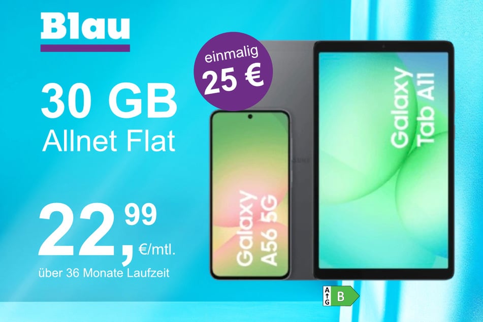 Das Samsung Galaxy A56 + Tab A11 im Blau Allnet L für einmalig 25 Euro.